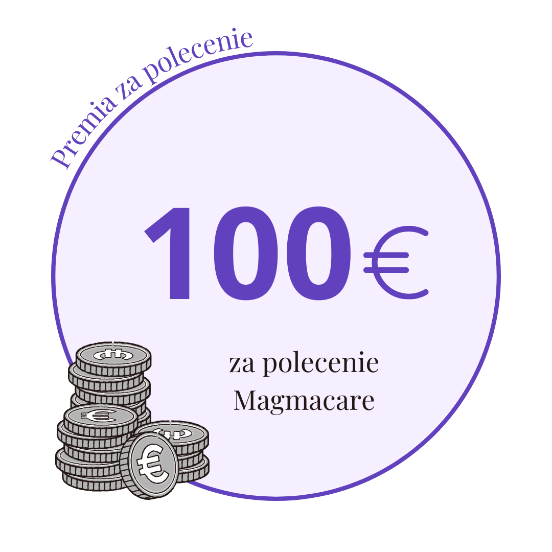 Premia za polecenie – 100 euro za polecenie Magmacare. Grafika z monetami euro.