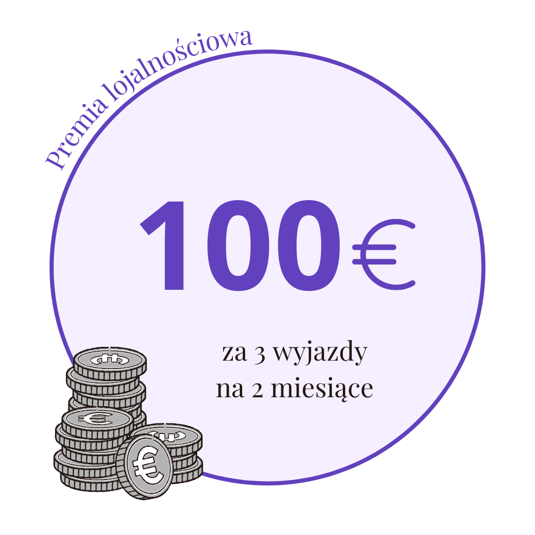 Premia lojalnościowa – 100 euro za 3 wyjazdy na 2 miesiące. Grafika z monetami euro.