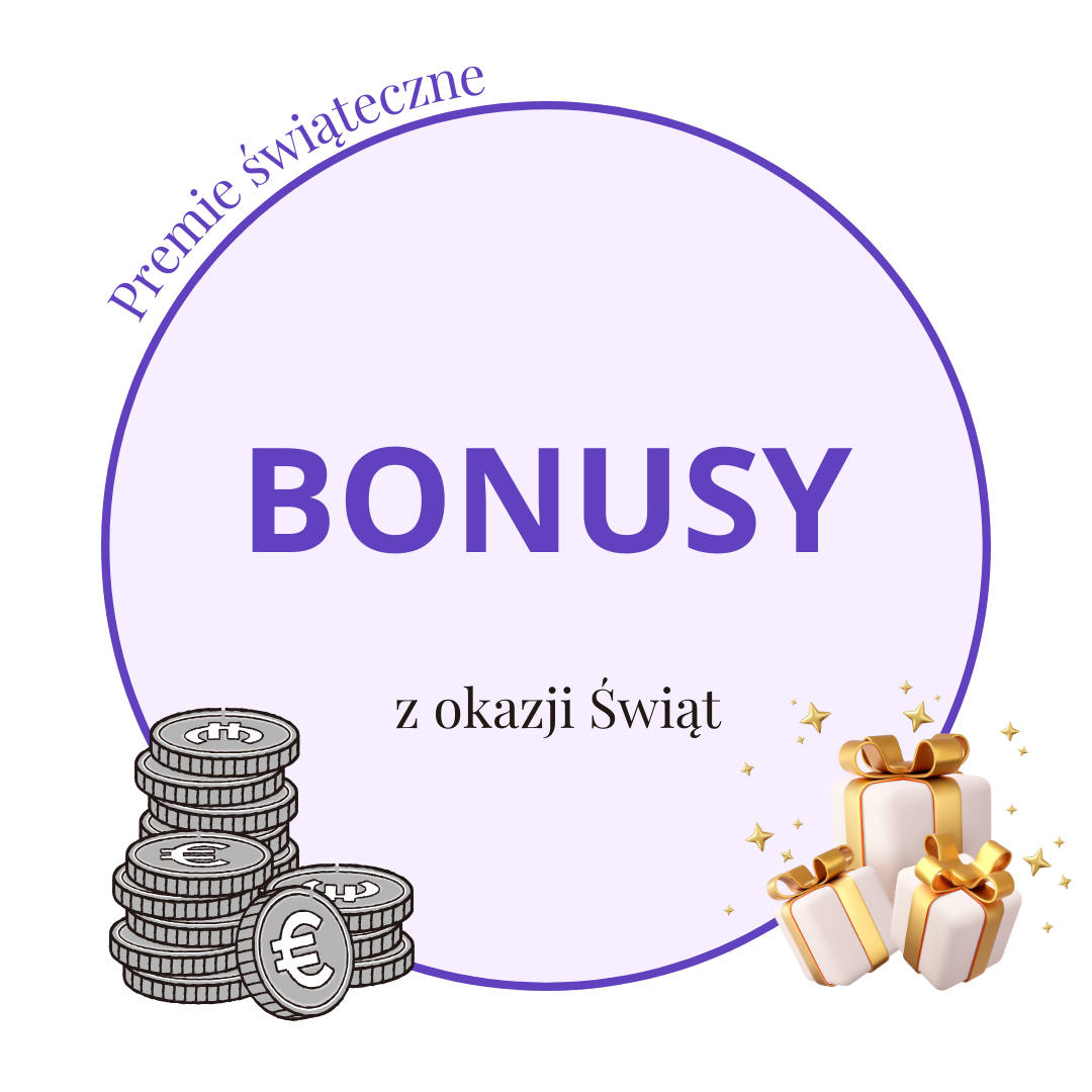 Premie świąteczne – bonusy z okazji Świąt. Grafika z monetami euro i prezentami.